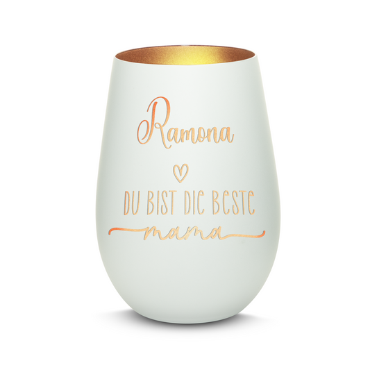 Hochwertiges Glas Windlicht mit Gravur "DIE BESTE MAMA" mit Wunschname in der Farbe Weiß/Bronze