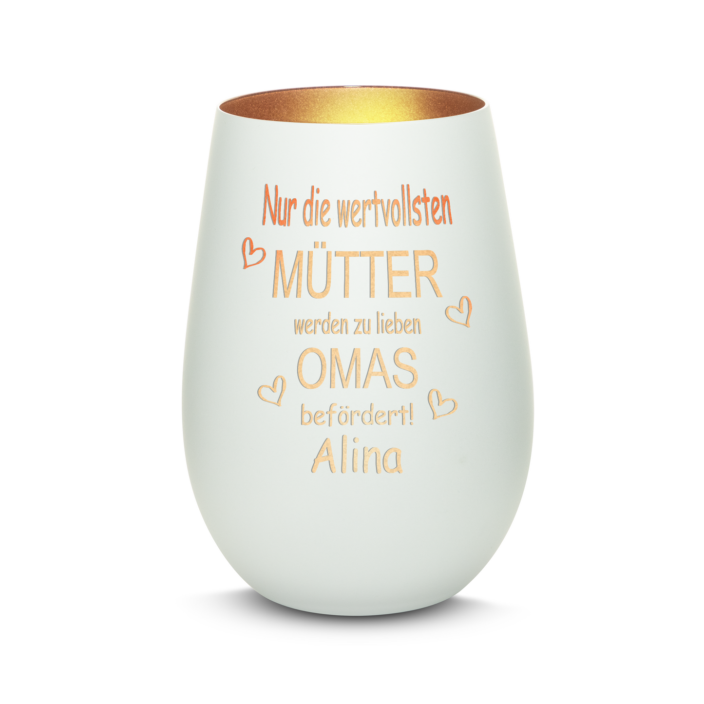 Hochwertiges Glas Windlicht mit Gravur "NUR DIE WERTVOLLSTEN MÜTTER WERDEN ZU LIEBEN OMAS" mit Wunschname in der Farbe Weiß/Bronze