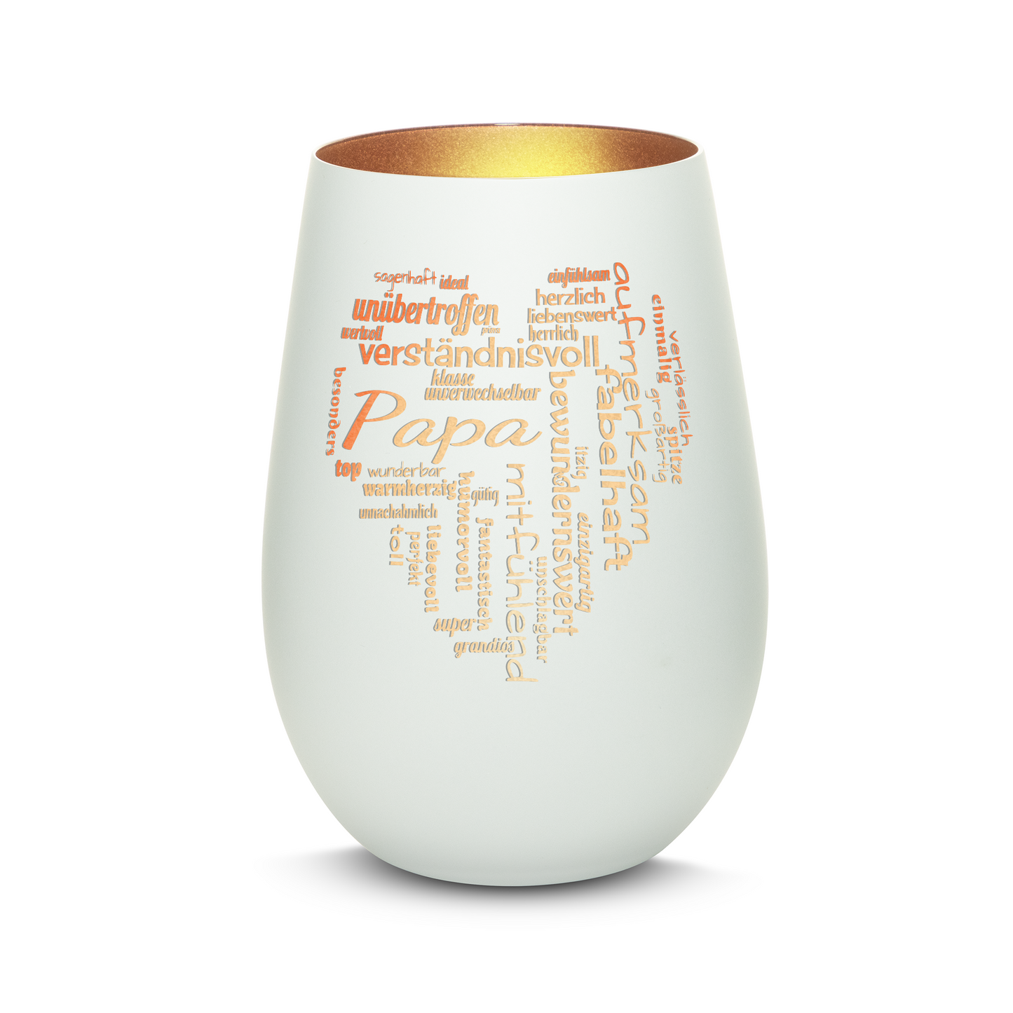 Hochwertiges Glas Windlicht mit Gravur "PAPA GROßES HERZ" in der Farbe Weiß/Bronze