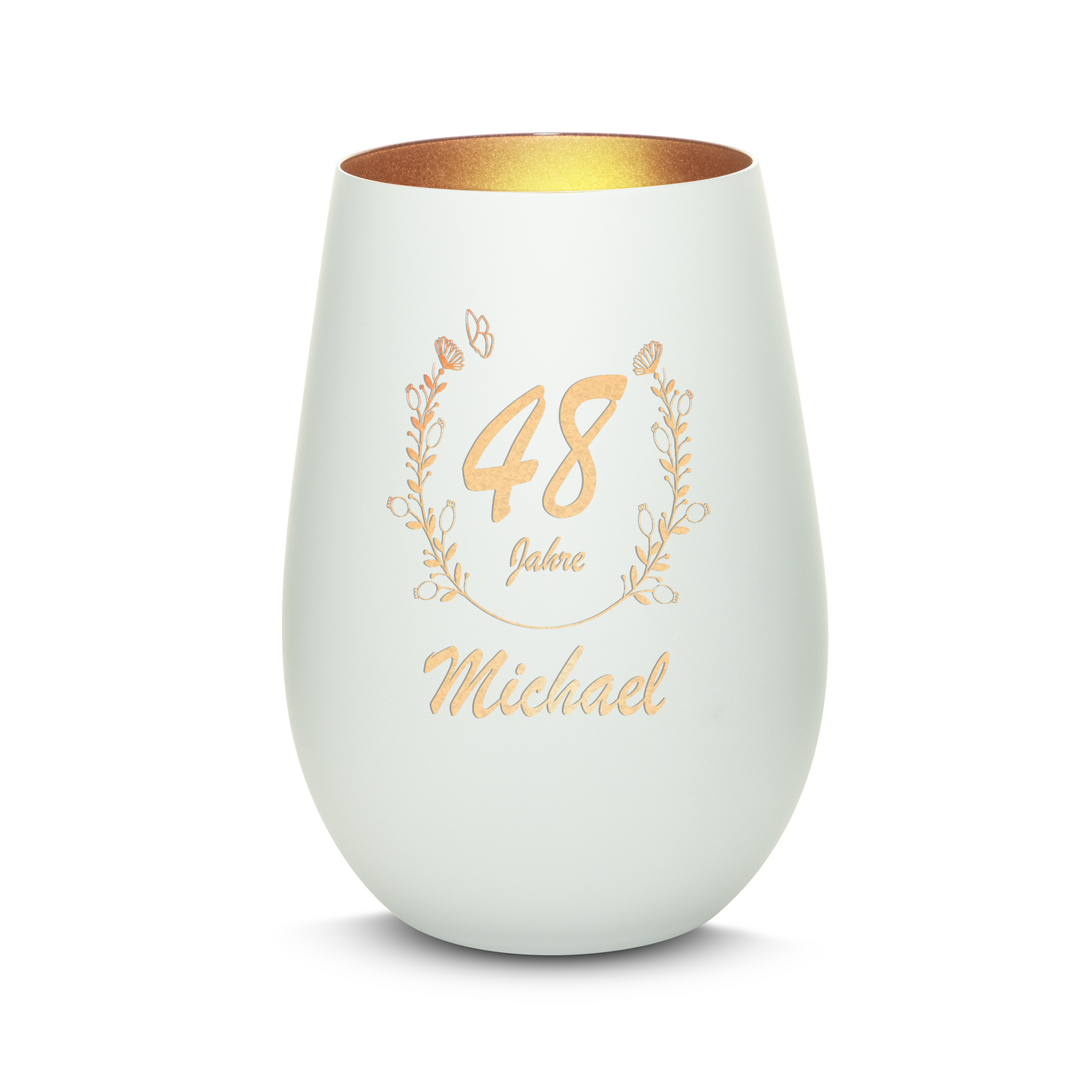 Hochwertiges Glas Windlicht mit Gravur "GEBURTSTAG MIT BLUMENKRANZ" mit Wunschnamen und Datum in der Farbe Weiß/Bronze