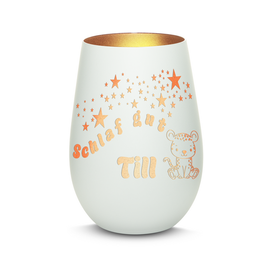 Hochwertiges Glas Windlicht für Kinder mit Gravur "SCHLAF GUT" Motiv Leopard mit Wunschname in der Farbe Weiß/Bronze