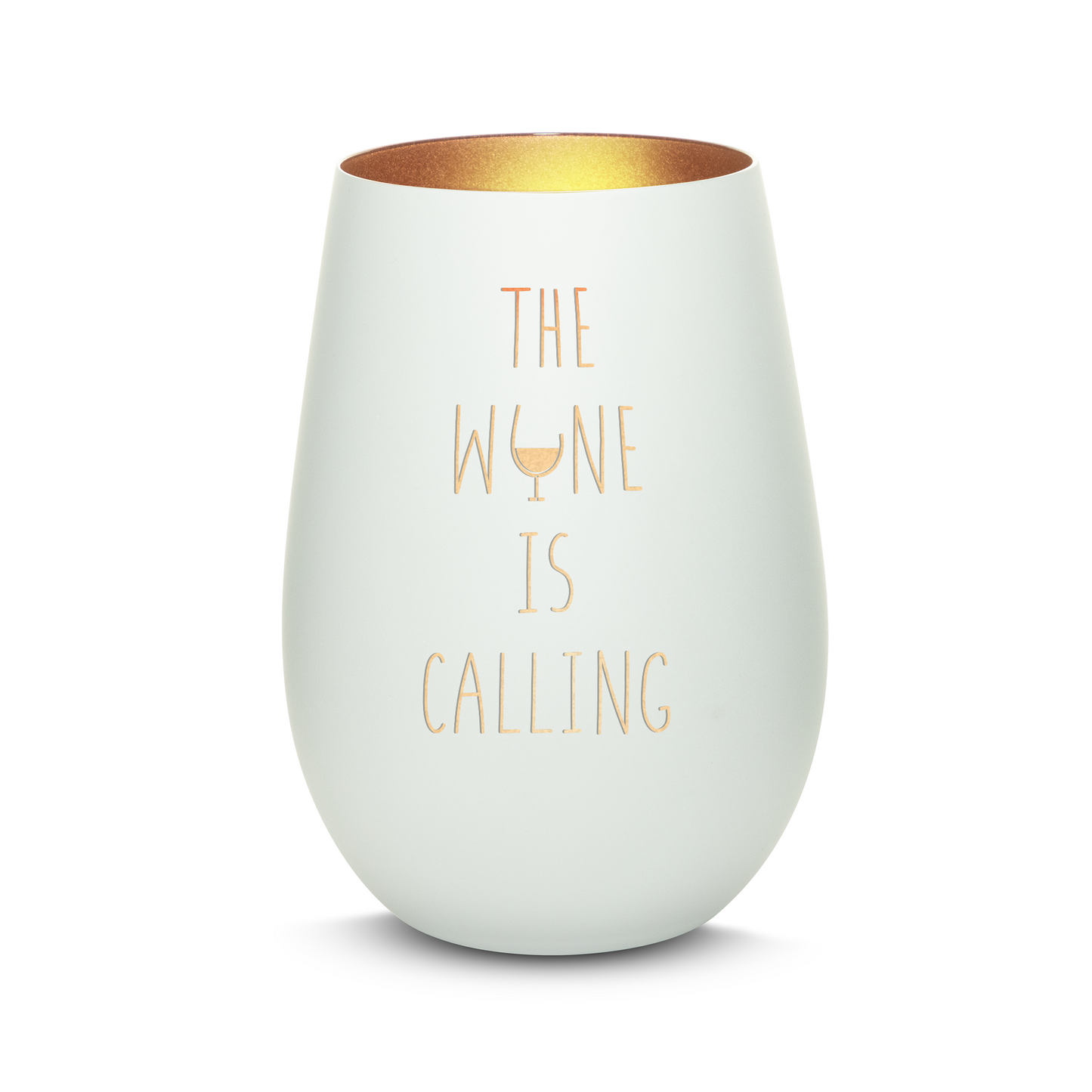 Hochwertiges Glas Windlicht mit Gravur "THE WINE IS CALLING" in der Farbe Weiß/Bronze