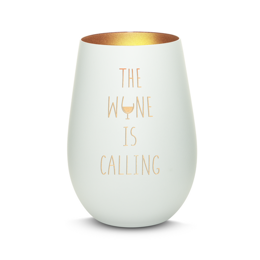 Hochwertiges Glas Windlicht mit Gravur "THE WINE IS CALLING" in der Farbe Weiß/Bronze