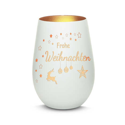 Hochwertiges Glas Windlicht mit Gravur "FROHE WEIHNACHTEN" in der Farbe Weiß/Bronze