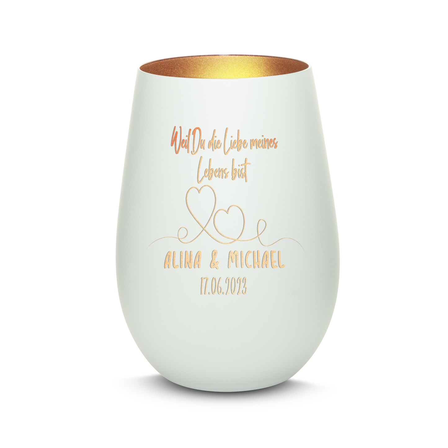 Hochwertiges Glas Windlicht mit Gravur "WEIL DU DIE LIEBE MEINES LEBENS BIST" mit Wunschnamen und Datum in der Farbe Weiß/Bronze
