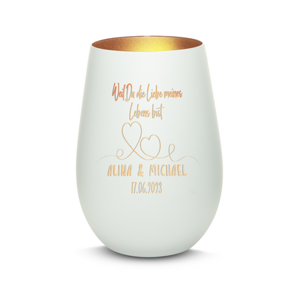 Hochwertiges Glas Windlicht mit Gravur "WEIL DU DIE LIEBE MEINES LEBENS BIST" mit Wunschnamen und Datum in der Farbe Weiß/Bronze