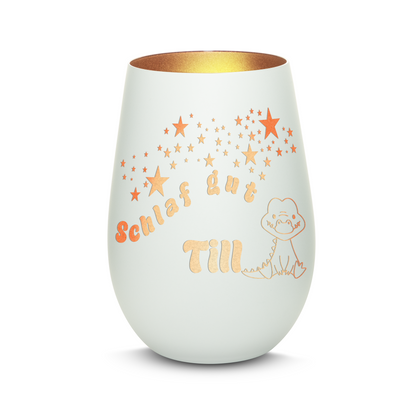 Hochwertiges Glas Windlicht für Kinder mit Gravur "SCHLAF GUT" Motiv Krokodil mit Wunschname in der Farbe Weiß/Bronze