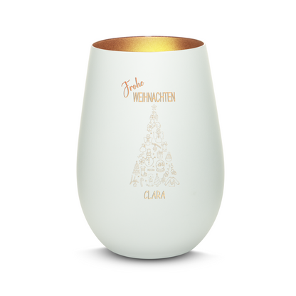 Hochwertiges Glas Windlicht mit Gravur "FROHE WEIHNACHTEN" mit Wunschname in der Farbe Weiß/Bronze