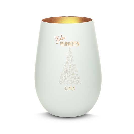 Hochwertiges Glas Windlicht mit Gravur "FROHE WEIHNACHTEN" mit Wunschname in der Farbe Weiß/Bronze