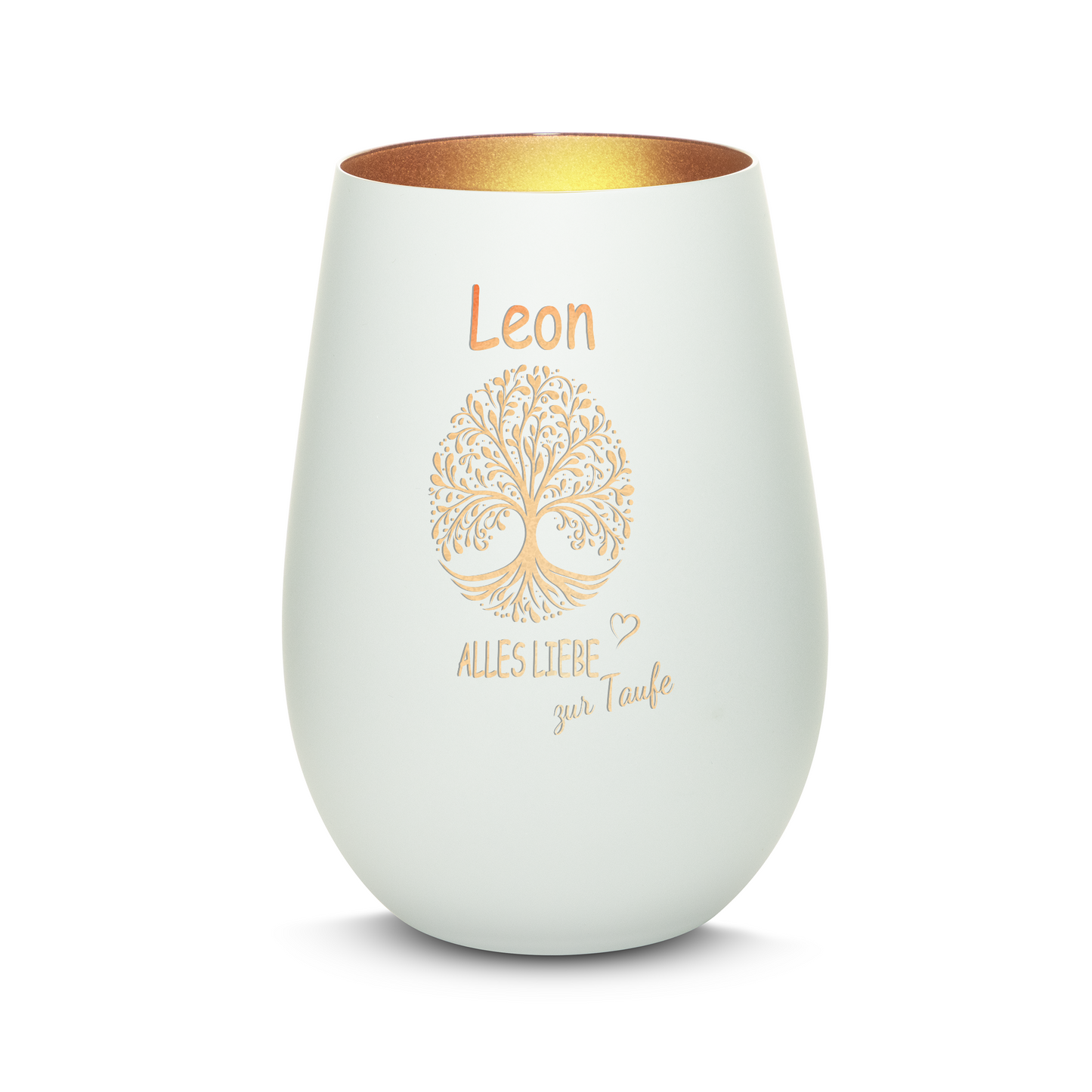 Hochwertiges Glas Windlicht mit Gravur "ALLES LIEBE ZUR TAUFE" mit Wunschname in der Farbe Weiß/Bronze