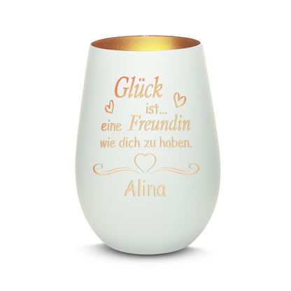 Hochwertiges Glas Windlicht mit Gravur "GLÜCK IST EINE FREUNDIN WIE DICH ZU HABEN" mit Wunschname in der Farbe Weiß/Bronze