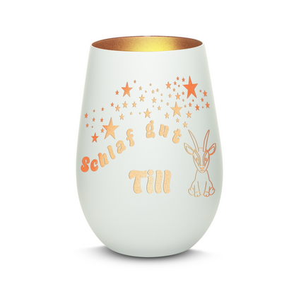 Hochwertiges Glas Windlicht für Kinder mit Gravur "SCHLAF GUT" Motiv Antilope mit Wunschname in der Farbe Weiß/Bronze
