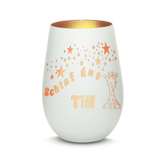 Hochwertiges Glas Windlicht für Kinder mit Gravur "SCHLAF GUT" Motiv Giraffe mit Wunschname in der Farbe Weiß/Bronze