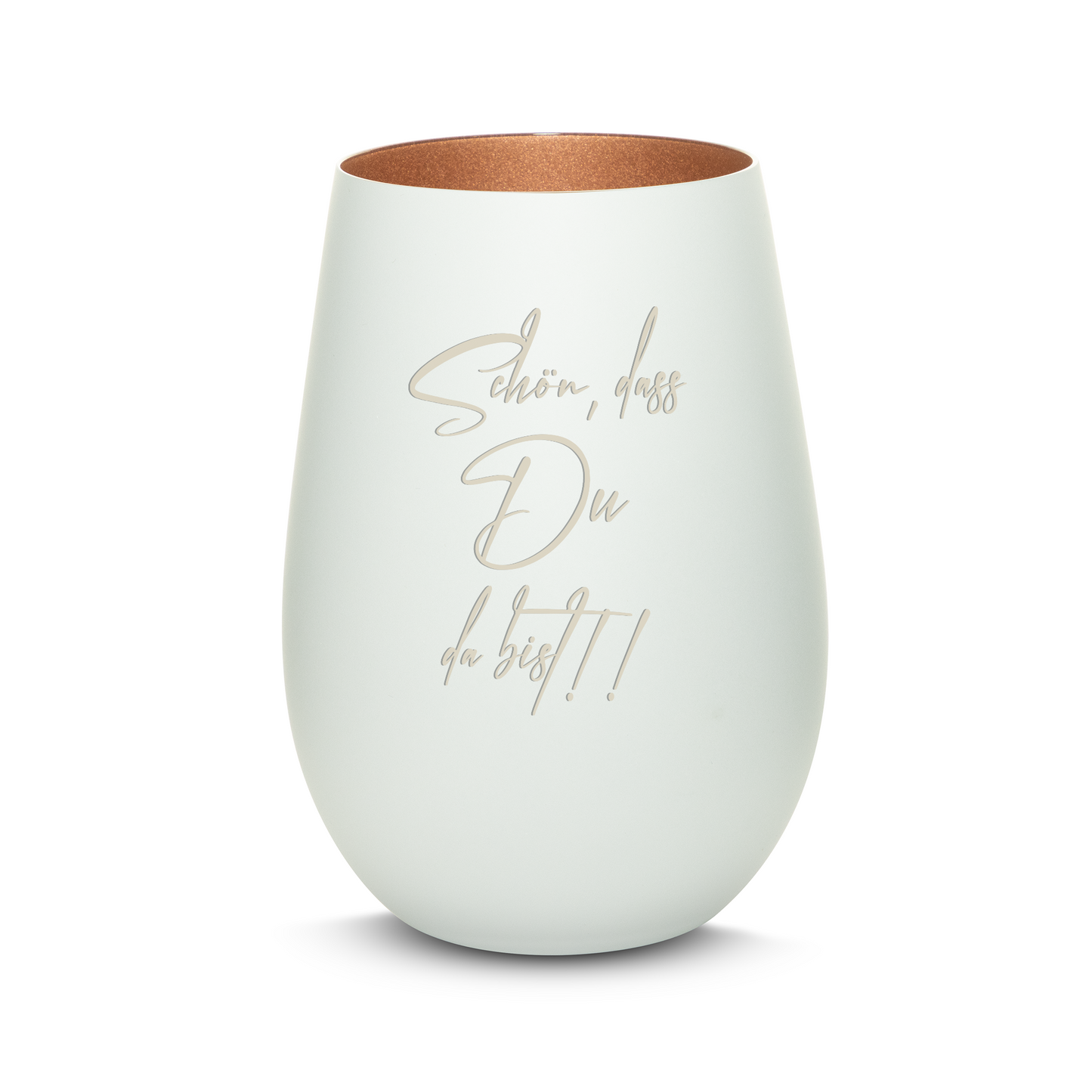 Hochwertiges Glas Windlicht mit Gravur "SCHÖN, DASS DU DA BIST" in der Farbe Weiß/Bronze