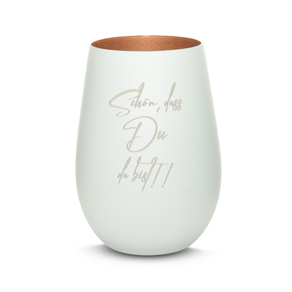 Hochwertiges Glas Windlicht mit Gravur "SCHÖN, DASS DU DA BIST" in der Farbe Weiß/Bronze