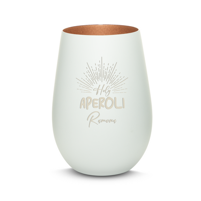 Hochwertiges Glas Windlicht mit Gravur "HOLY APEROLI" mit Wunschname in der Farbe Weiß/Bronze