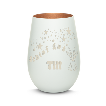 Hochwertiges Glas Windlicht für Kinder mit Gravur "SCHLAF GUT" Motiv Antilope mit Wunschname in der Farbe Weiß/Bronze