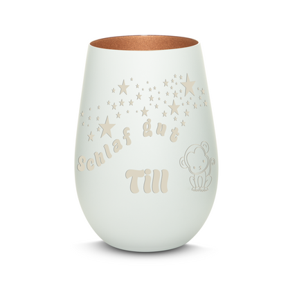 Hochwertiges Glas Windlicht für Kinder mit Gravur "SCHLAF GUT" Motiv Affe mit Wunschname in der Farbe Weiß/Bronze