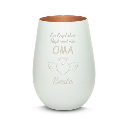 Hochwertiges Glas Windlicht mit Gravur "EIN ENGEL OHNE FLÜGEL NENNT MAN OMA" mit Wunschname in der Farbe Weiß/Bronze
