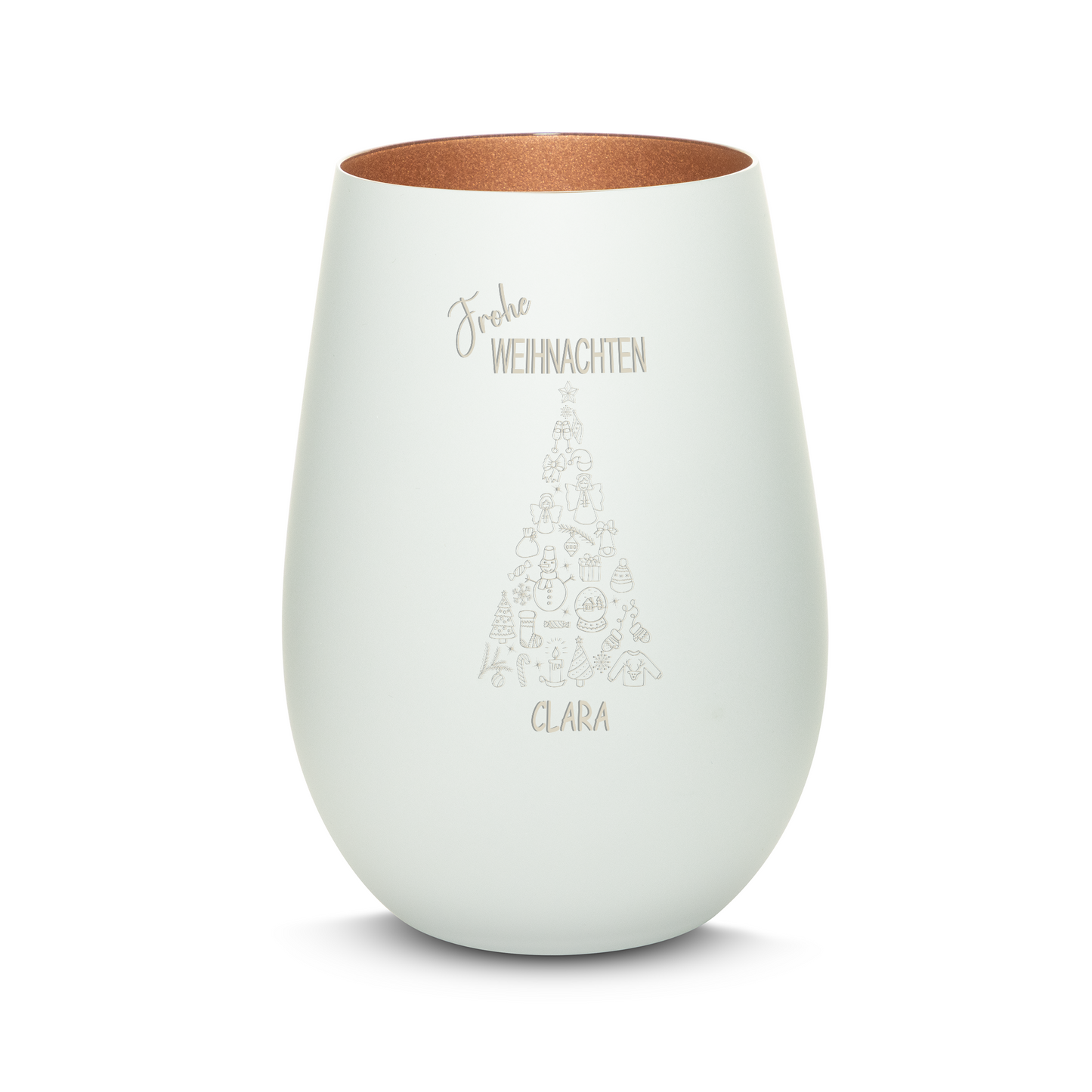 Hochwertiges Glas Windlicht mit Gravur "FROHE WEIHNACHTEN" mit Wunschname in der Farbe Weiß/Bronze