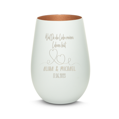 Hochwertiges Glas Windlicht mit Gravur "WEIL DU DIE LIEBE MEINES LEBENS BIST" mit Wunschnamen und Datum in der Farbe Weiß/Bronze