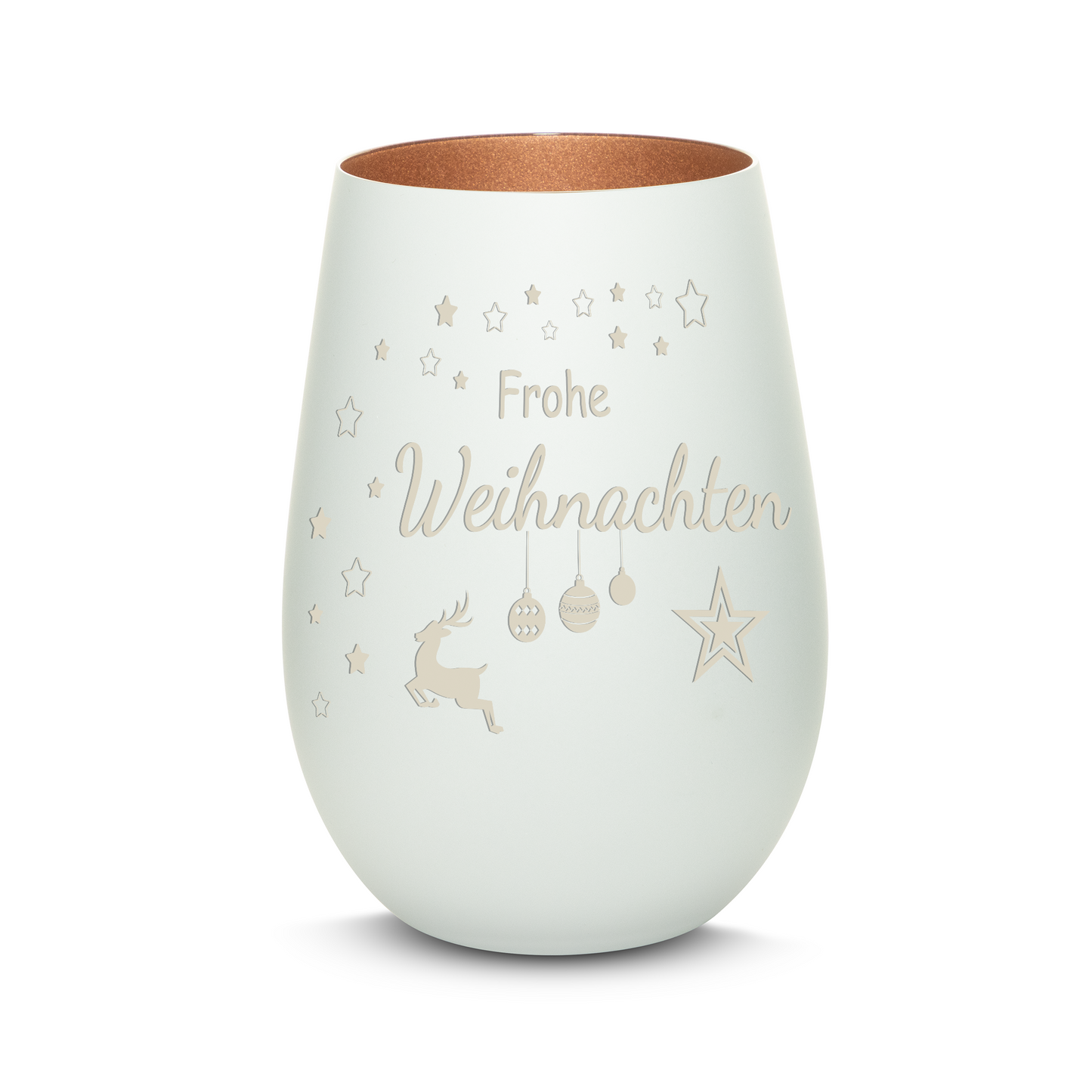 Hochwertiges Glas Windlicht mit Gravur "FROHE WEIHNACHTEN" in der Farbe Weiß/Bronze