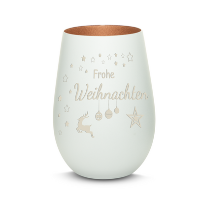 Hochwertiges Glas Windlicht mit Gravur "FROHE WEIHNACHTEN" in der Farbe Weiß/Bronze