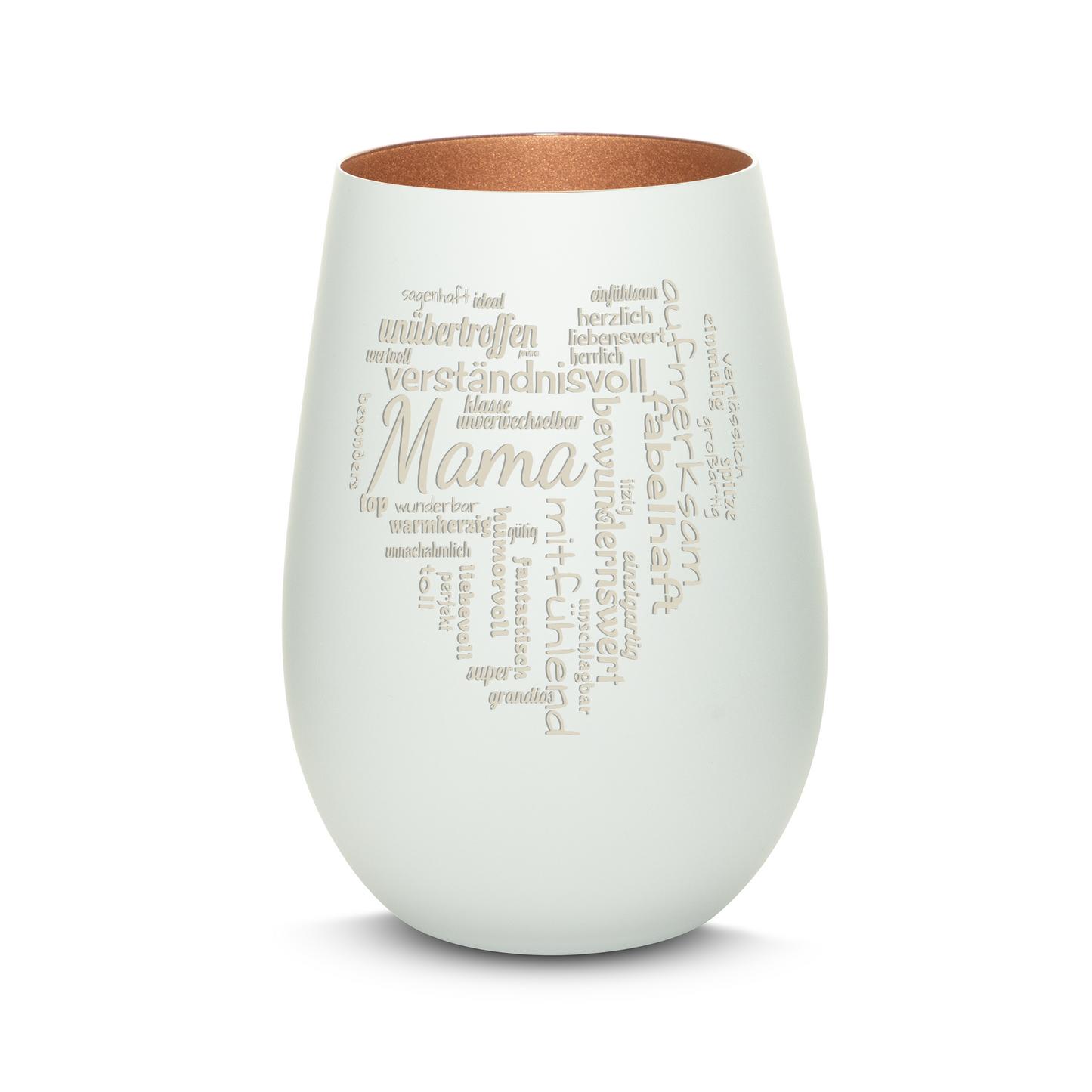 Hochwertiges Glas Windlicht mit Gravur "MAMA GROßES HERZ" in der Farbe Weiß/Bronze