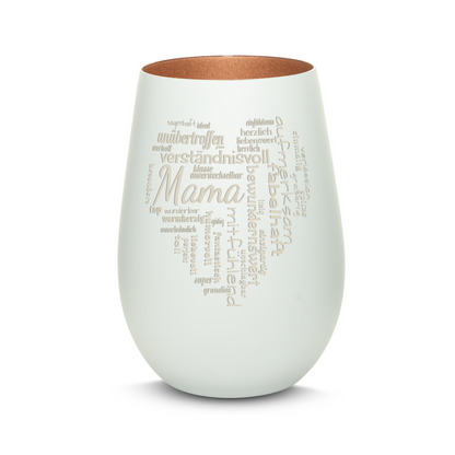 Hochwertiges Glas Windlicht mit Gravur "MAMA GROßES HERZ" in der Farbe Weiß/Bronze