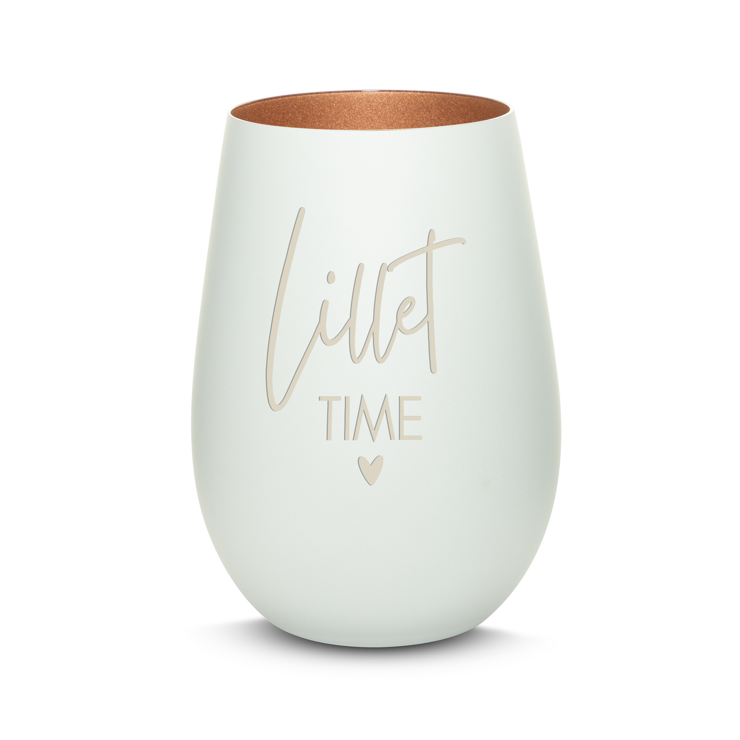 Hochwertiges Glas Windlicht mit Gravur "LILLET TIME" in der Farbe Weiß/Bronze