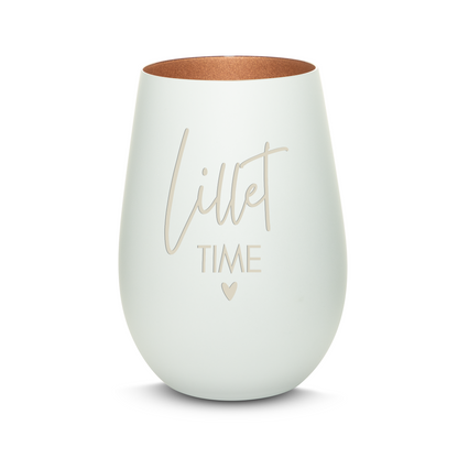 Hochwertiges Glas Windlicht mit Gravur "LILLET TIME" in der Farbe Weiß/Bronze