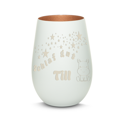 Hochwertiges Glas Windlicht für Kinder mit Gravur "SCHLAF GUT" Motiv Nilpferd mit Wunschname in der Farbe Weiß/Bronze