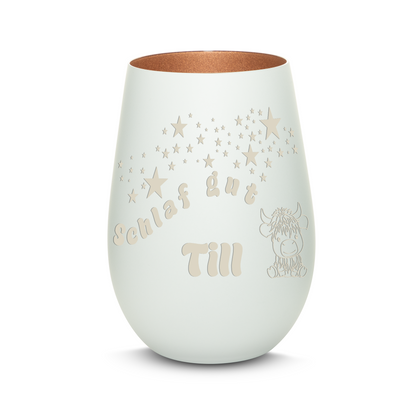 Hochwertiges Glas Windlicht für Kinder mit Gravur "SCHLAF GUT" Motiv Bison mit Wunschname in der Farbe Weiß/Bronze