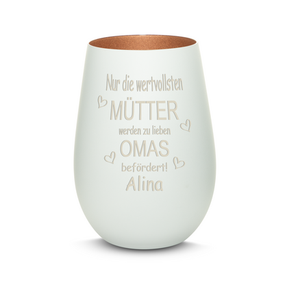 Hochwertiges Glas Windlicht mit Gravur "NUR DIE WERTVOLLSTEN MÜTTER WERDEN ZU LIEBEN OMAS" mit Wunschname in der Farbe Weiß/Bronze