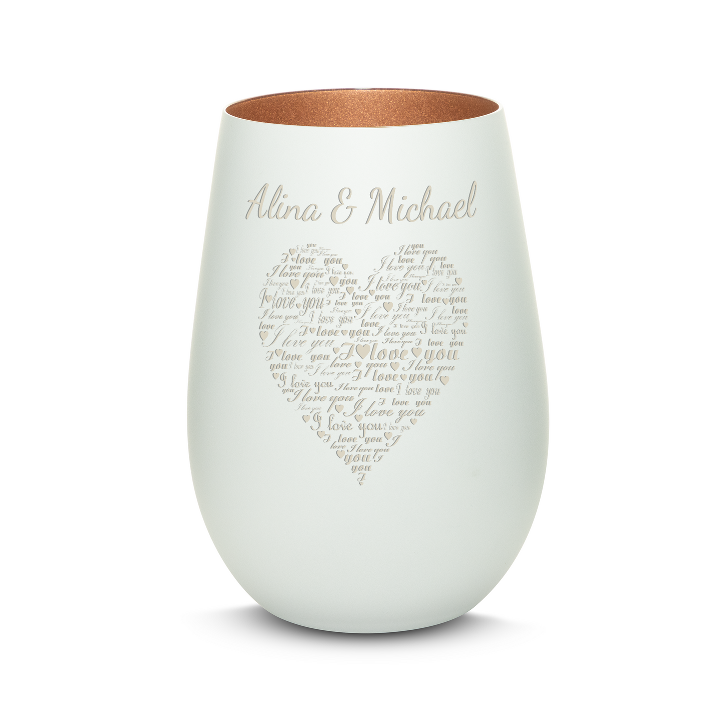 Hochwertiges Glas Windlicht mit Gravur "I LOVE YOU" mit Wunschnamen in der Farbe Weiß/Bronze