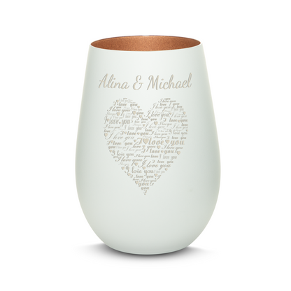 Hochwertiges Glas Windlicht mit Gravur "I LOVE YOU" mit Wunschnamen in der Farbe Weiß/Bronze