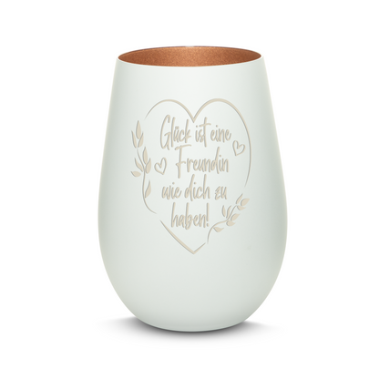 Hochwertiges Glas Windlicht mit Gravur "GLÜCK IST EINE FREUNDIN MIT HERZ" in der Farbe Weiß/Bronze