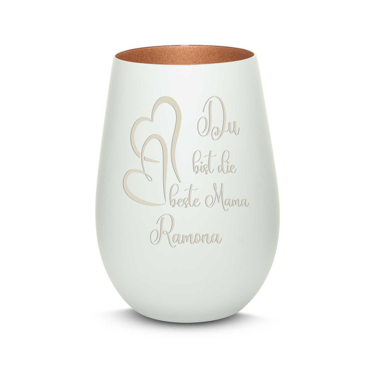 Hochwertiges Glas Windlicht mit Gravur "DU BIST DIE BESTE MAMA" mit Wunschname in der Farbe Weiß/Bronze