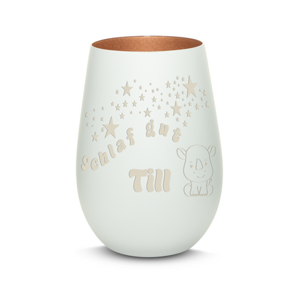 Hochwertiges Glas Windlicht für Kinder mit Gravur "SCHLAF GUT" Motiv Nashorn mit Wunschname in der Farbe Weiß/Bronze