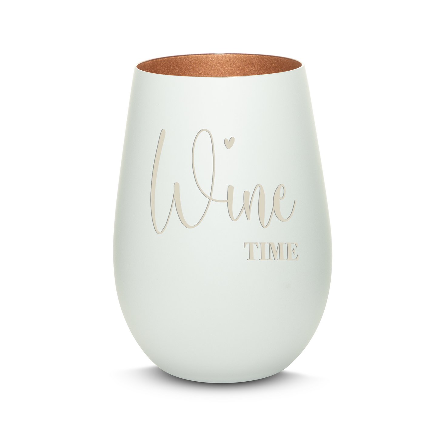 Hochwertiges Glas Windlicht mit Gravur "WINE TIME" in der Farbe Weiß/Bronze