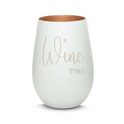 Hochwertiges Glas Windlicht mit Gravur "WINE TIME" in der Farbe Weiß/Bronze
