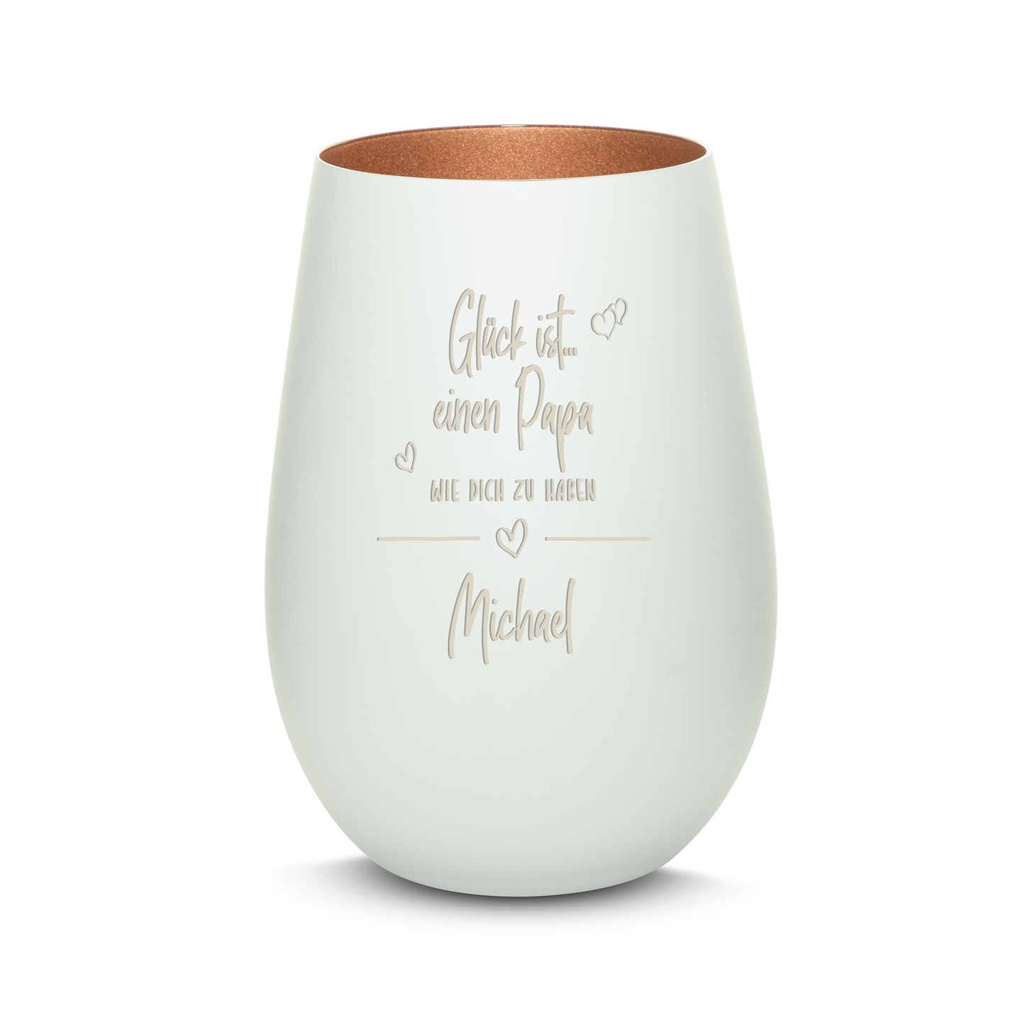 Hochwertiges Glas Windlicht mit Gravur "GLÜCK IST EINEN PAPA WIE DICH ZU HABEN" mit Wunschname in der Farbe Weiß/Bronze