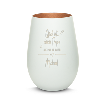 Hochwertiges Glas Windlicht mit Gravur "GLÜCK IST EINEN PAPA WIE DICH ZU HABEN" mit Wunschname in der Farbe Weiß/Bronze