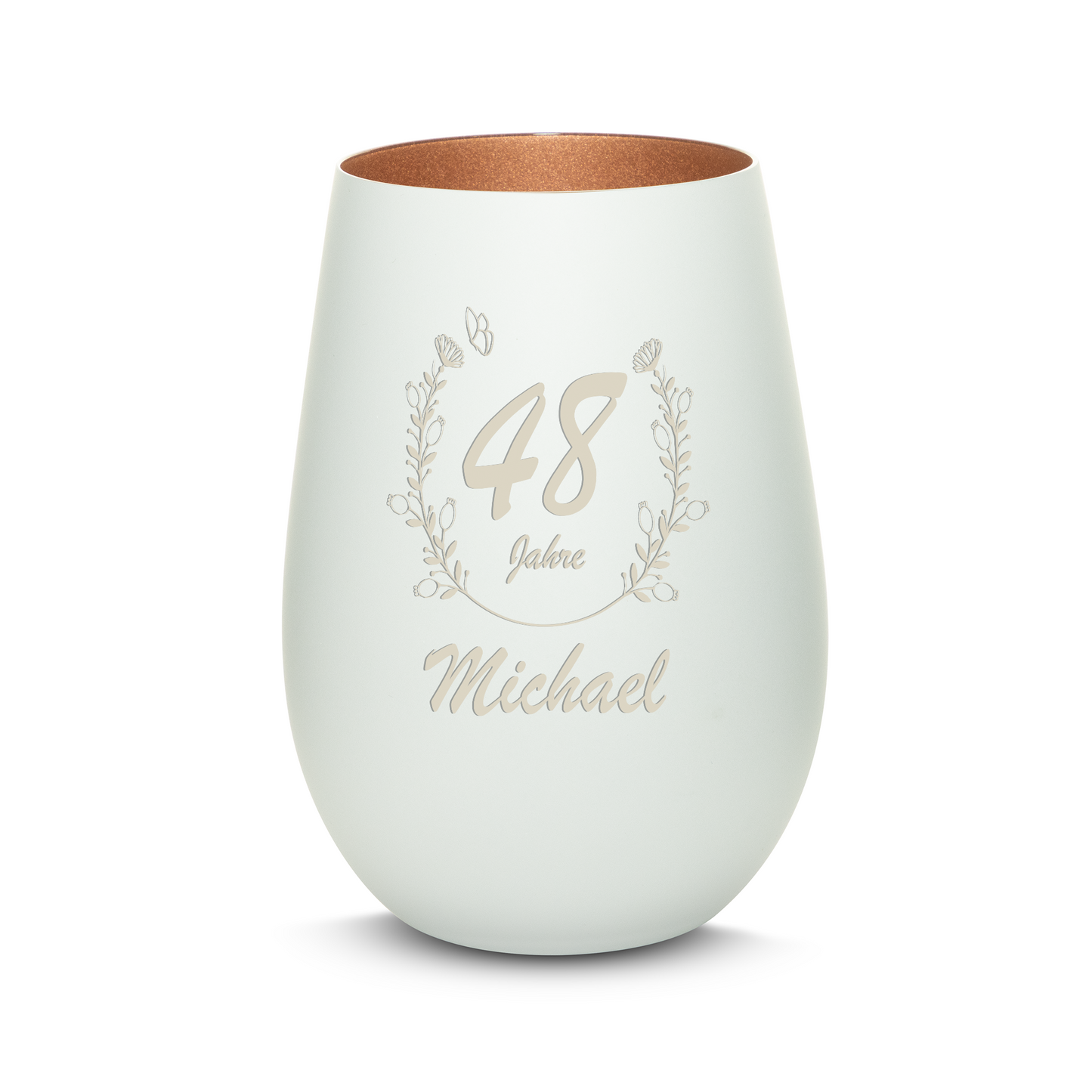 Hochwertiges Glas Windlicht mit Gravur "GEBURTSTAG MIT BLUMENKRANZ" mit Wunschnamen und Datum in der Farbe Weiß/Bronze
