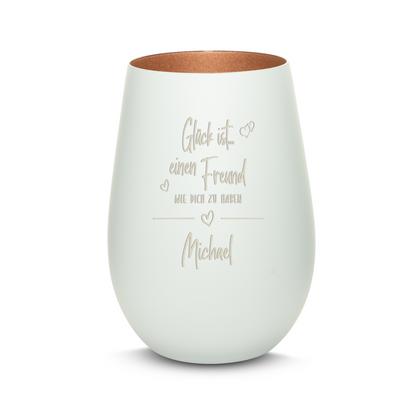 Hochwertiges Glas Windlicht mit Gravur "GLÜCK IST EINEN FREUND WIE DICH ZU HABEN" mit Wunschname in der Farbe Weiß/Bronze
