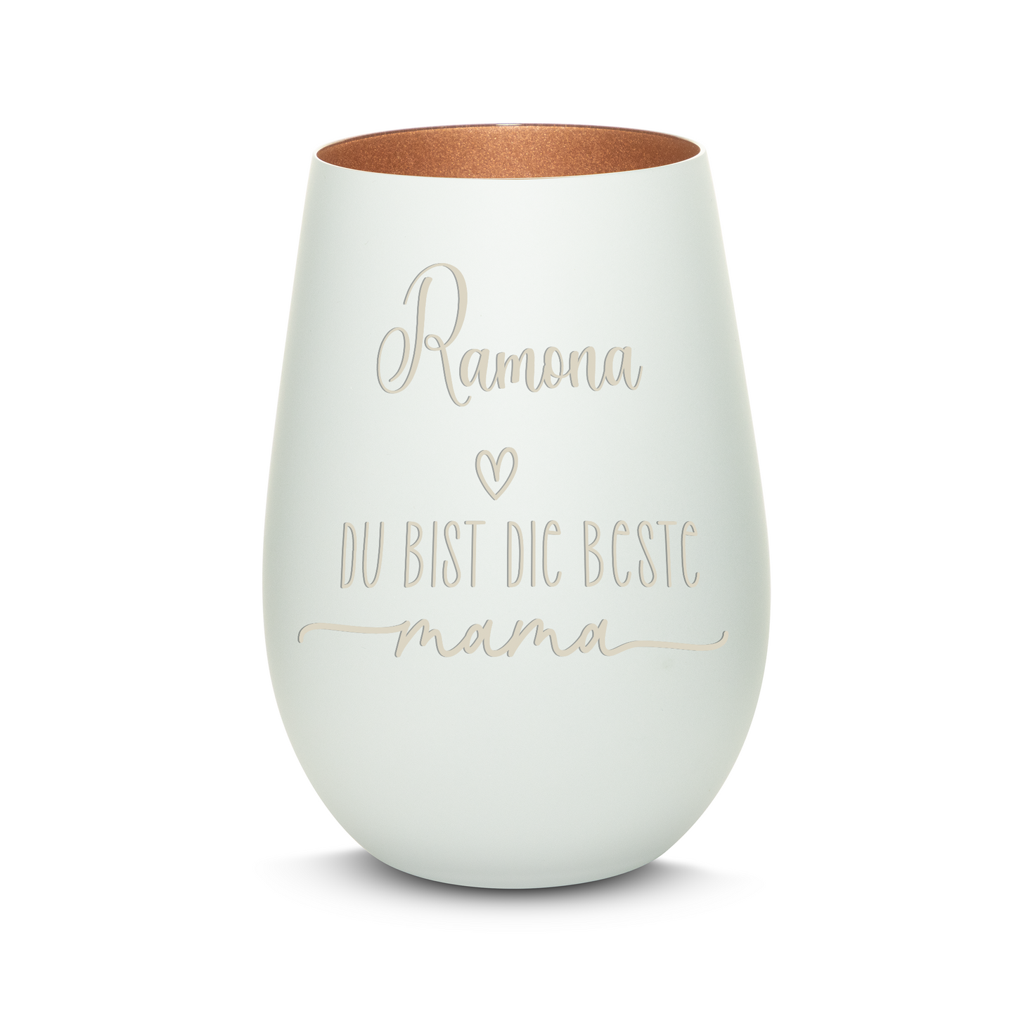 Hochwertiges Glas Windlicht mit Gravur "DIE BESTE MAMA" mit Wunschname in der Farbe Weiß/Bronze