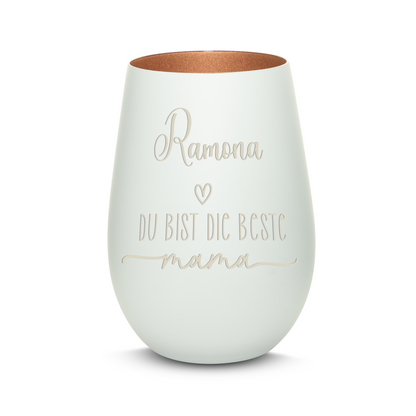 Hochwertiges Glas Windlicht mit Gravur "DIE BESTE MAMA" mit Wunschname in der Farbe Weiß/Bronze