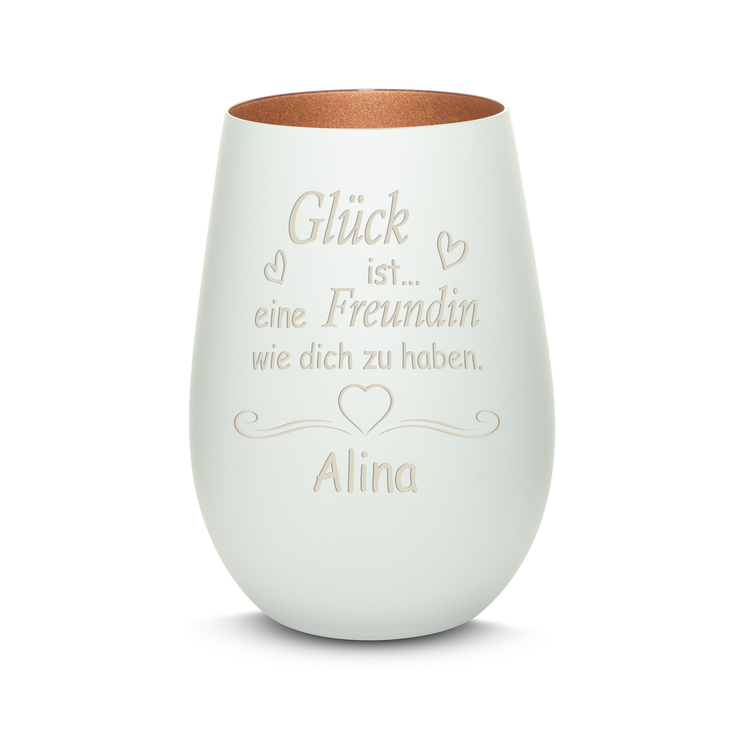 Hochwertiges Glas Windlicht mit Gravur "GLÜCK IST EINE FREUNDIN WIE DICH ZU HABEN" mit Wunschname in der Farbe Weiß/Bronze