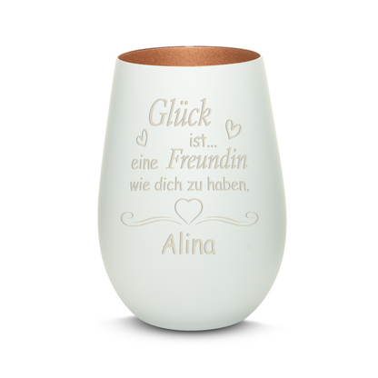 Hochwertiges Glas Windlicht mit Gravur "GLÜCK IST EINE FREUNDIN WIE DICH ZU HABEN" mit Wunschname in der Farbe Weiß/Bronze