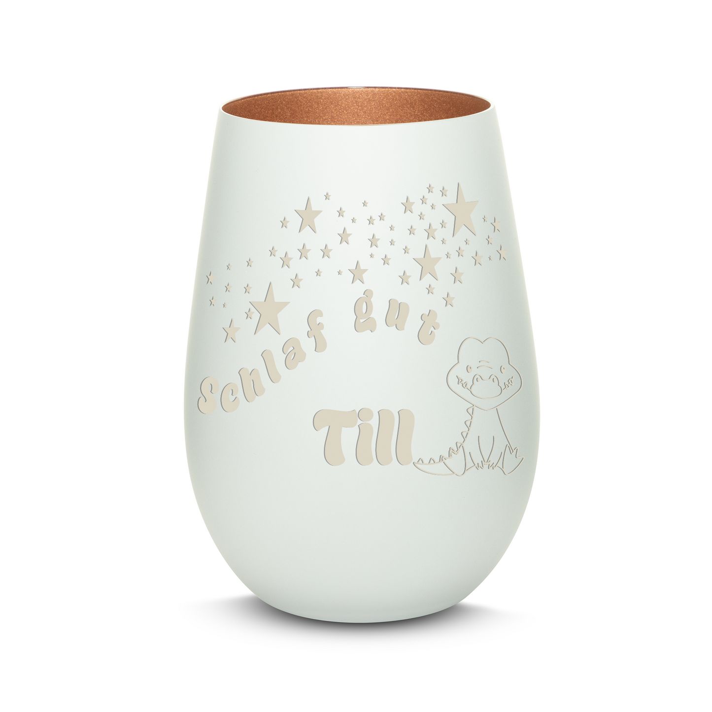 Hochwertiges Glas Windlicht für Kinder mit Gravur "SCHLAF GUT" Motiv Krokodil mit Wunschname in der Farbe Weiß/Bronze